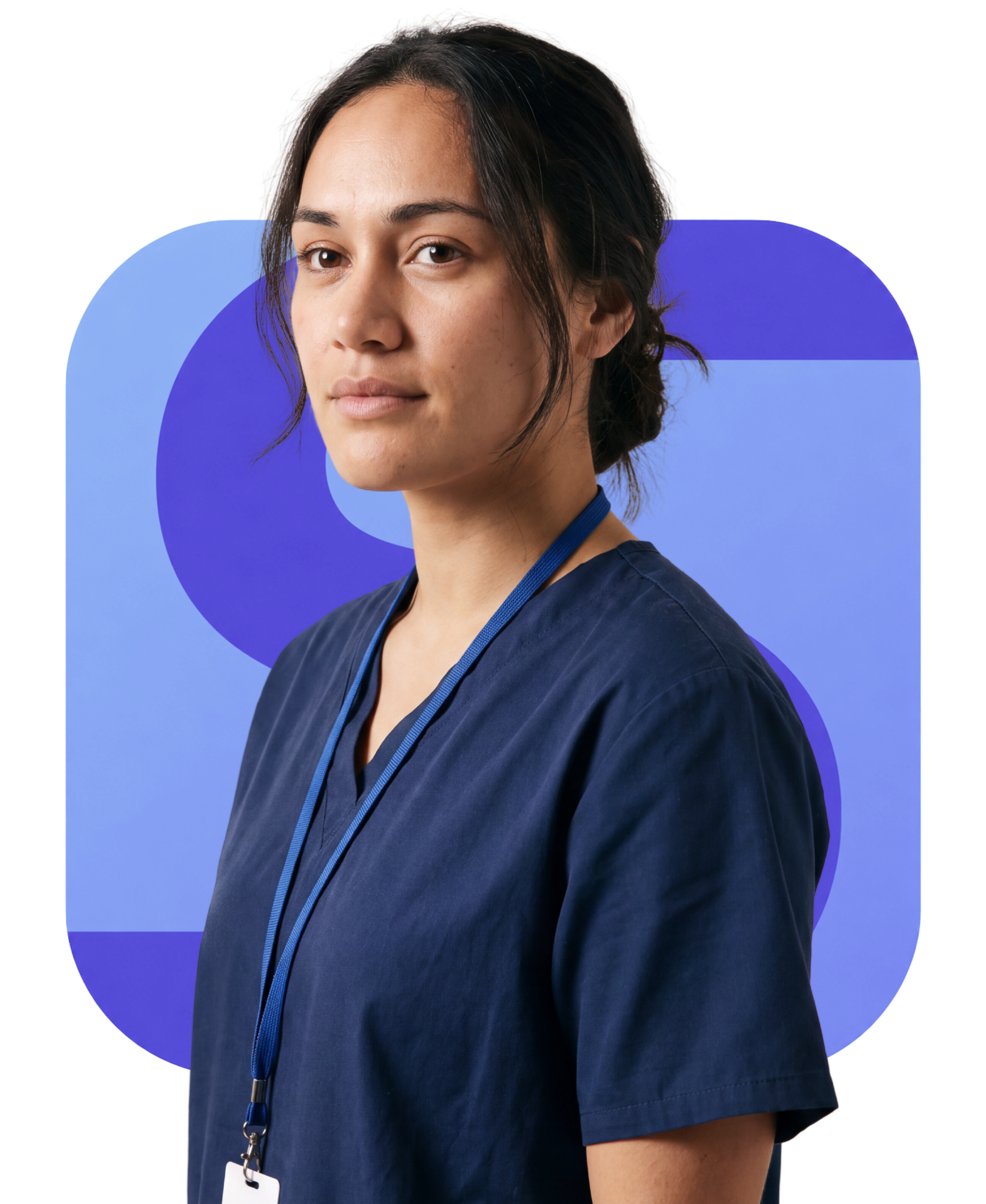 A clinician in navy scrubs wearing a lanyard, standing in front of a rounded tile carrying the Systemaize S mark in blues