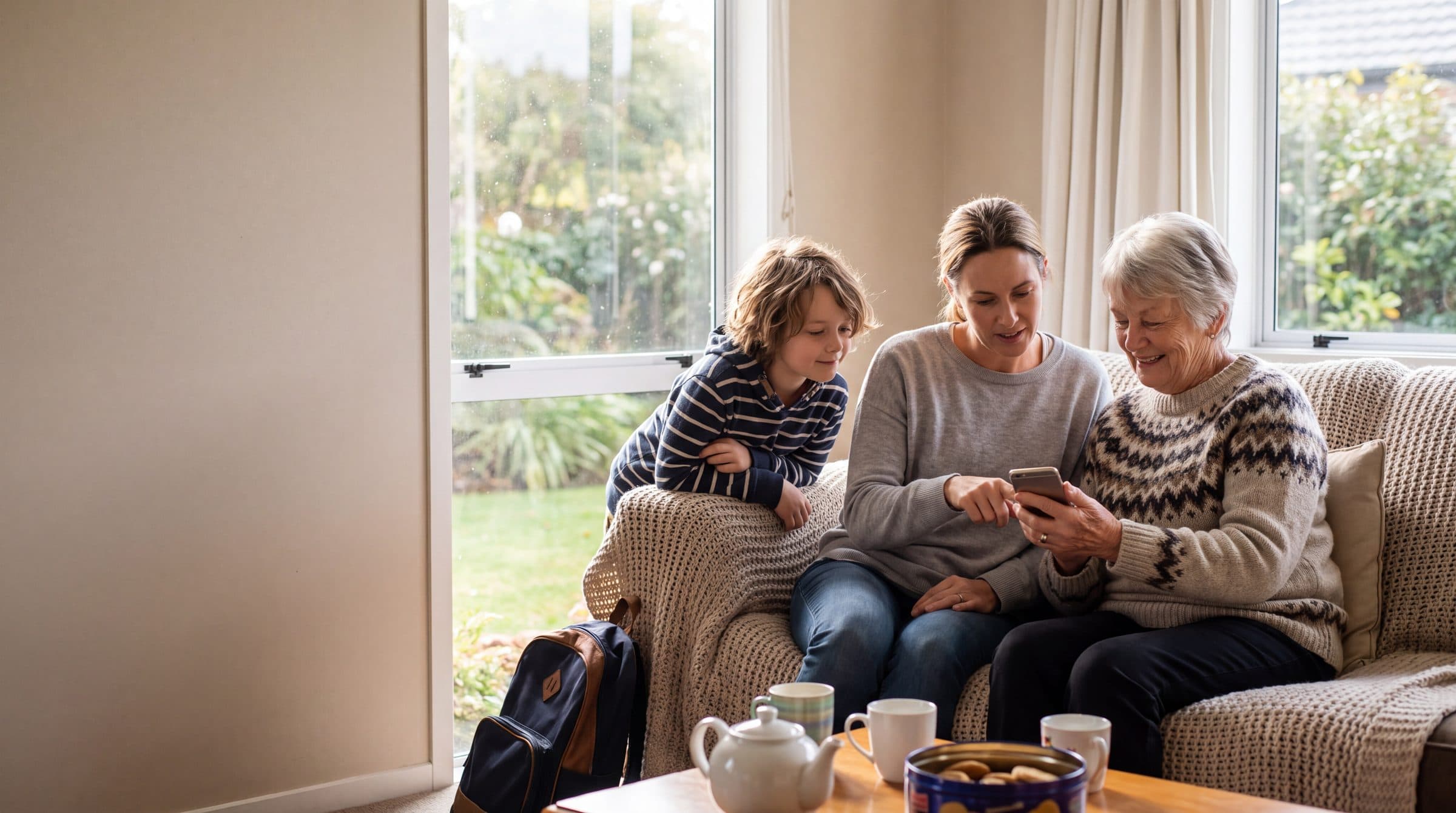 A grandmother, mother and child sitting on a sofa looking at a phone together.