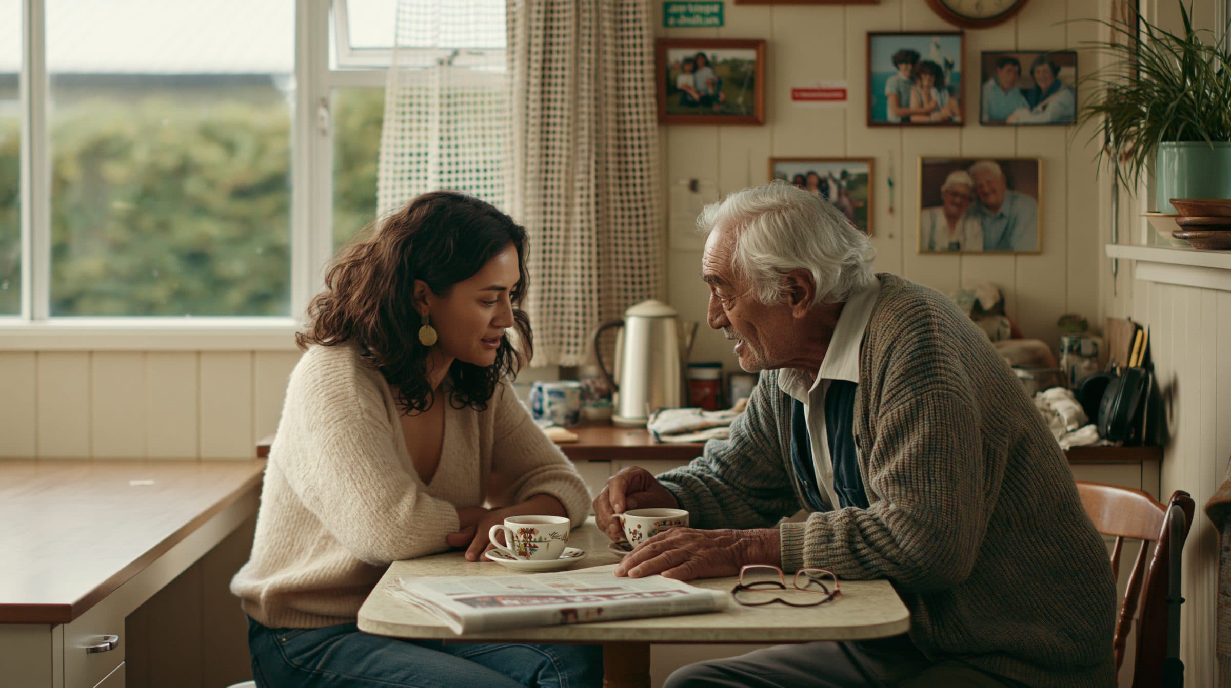A woman and an older man in conversation over cups of tea at his kitchen table